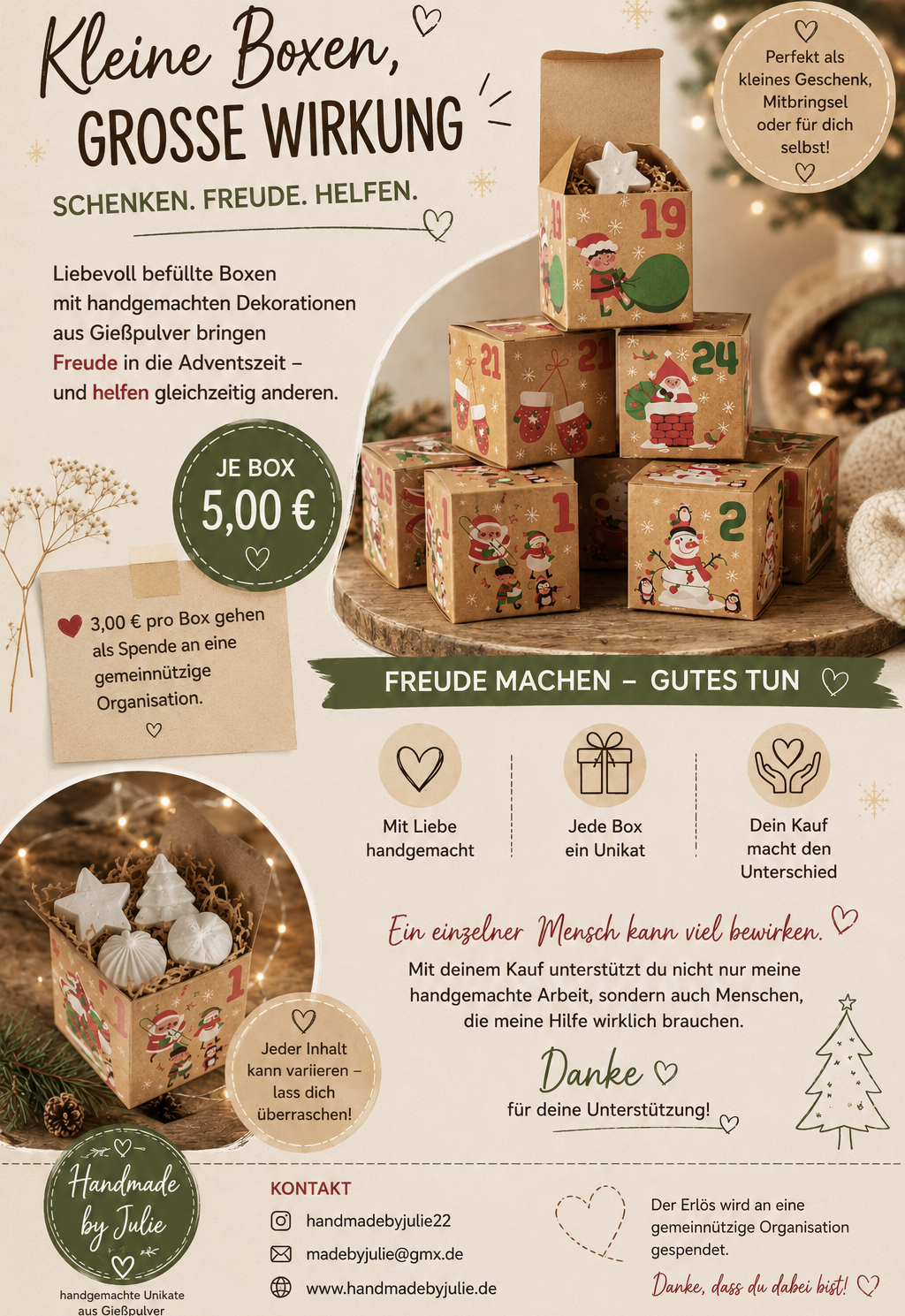 Aktionsflyer „Kleine Boxen, große Wirkung“: weihnachtliche Geschenkboxen mit handgemachten Dekorationen aus Gießpulver, 5,00 € je Box, davon 3,00 € als Spende an eine gemeinnützige Organisation