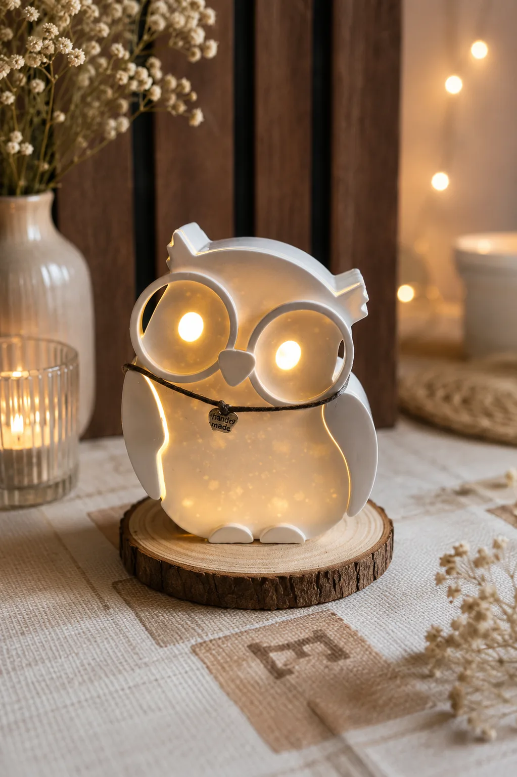 Beleuchtete Eule in Keramik-Optik mit „handmade“-Anhänger auf einer Holzscheibe