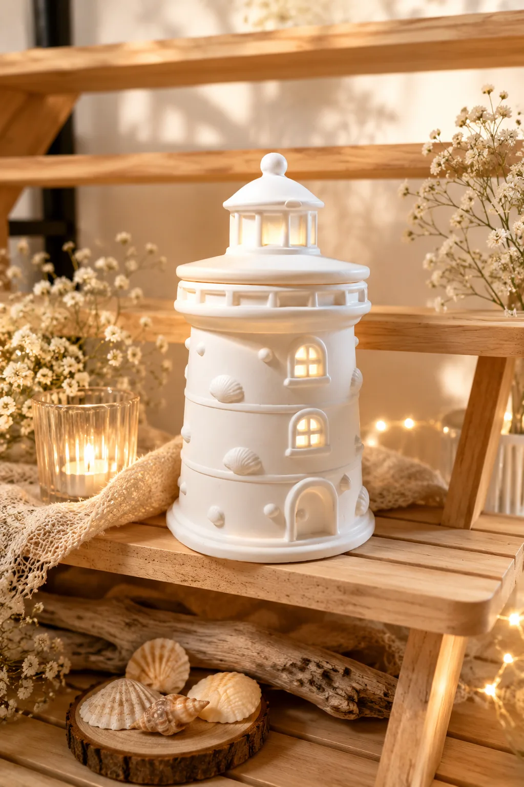 Beleuchteter Leuchtturm in Keramik-Optik mit Muscheln und Trockenblumen