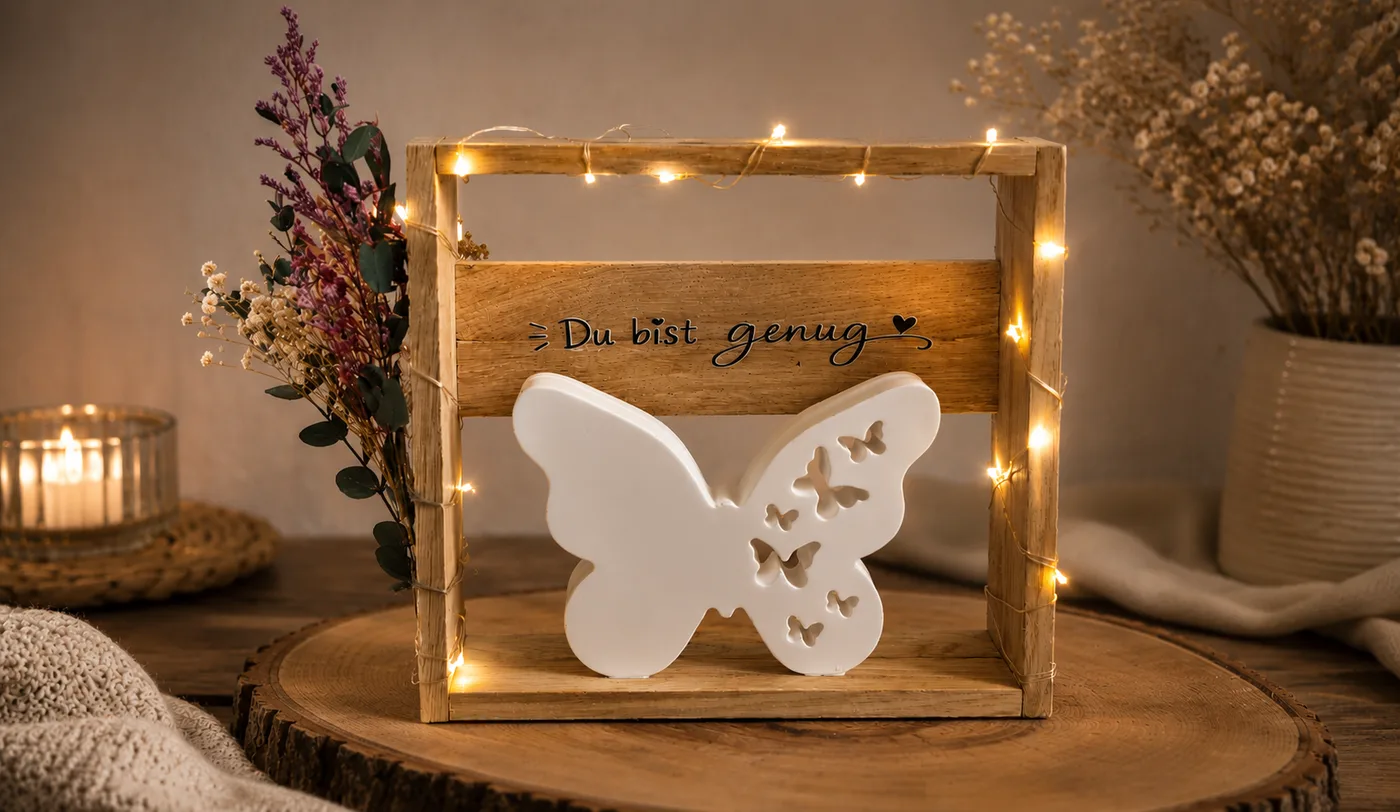 Holzrahmen mit Lichterkette und dem Schriftzug „Du bist genug“, davor ein weißer Schmetterling in Keramik-Optik